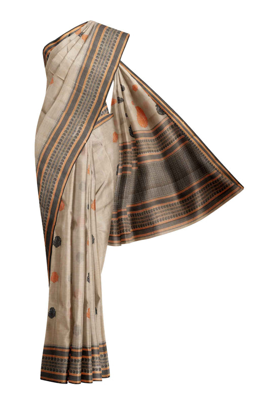 Off White Kanjivaram Pure Cotton Handloom Paisely Butta Pallu Saree