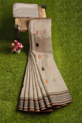 Off White Kanjivaram Pure Cotton Handloom Paisely Butta Pallu Saree