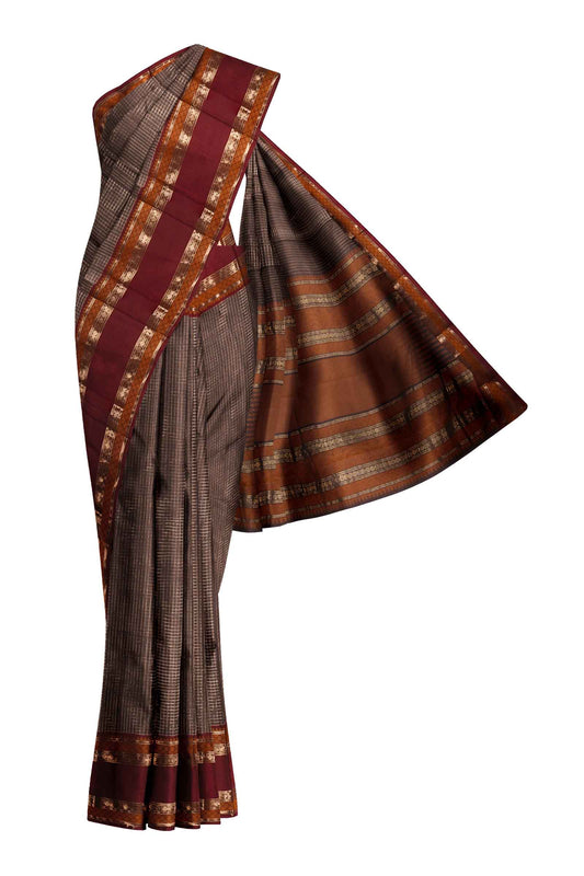 Brown Kanjivaram Pure Cotton Handloom Zari Checks Rettai Pet Border Saree