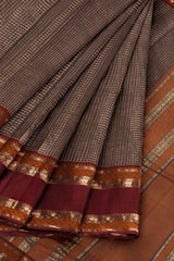 Brown Kanjivaram Pure Cotton Handloom Zari Checks Rettai Pet Border Saree