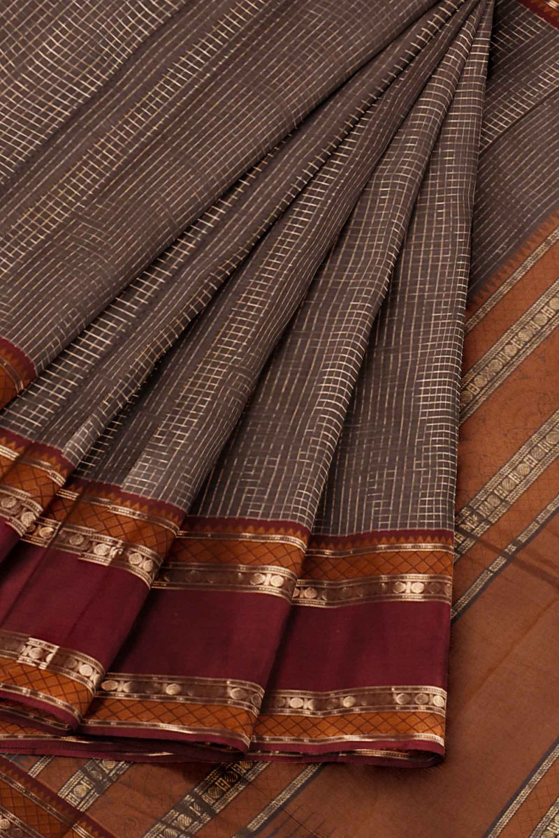 Brown Kanjivaram Pure Cotton Handloom Zari Checks Rettai Pet Border Saree