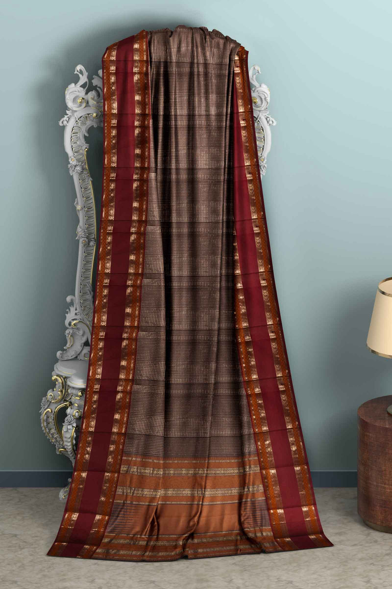 Brown Kanjivaram Pure Cotton Handloom Zari Checks Rettai Pet Border Saree