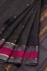 Black Kanjivaram Pure Cotton Handloom Zari Checks Rettai Pet Border Saree