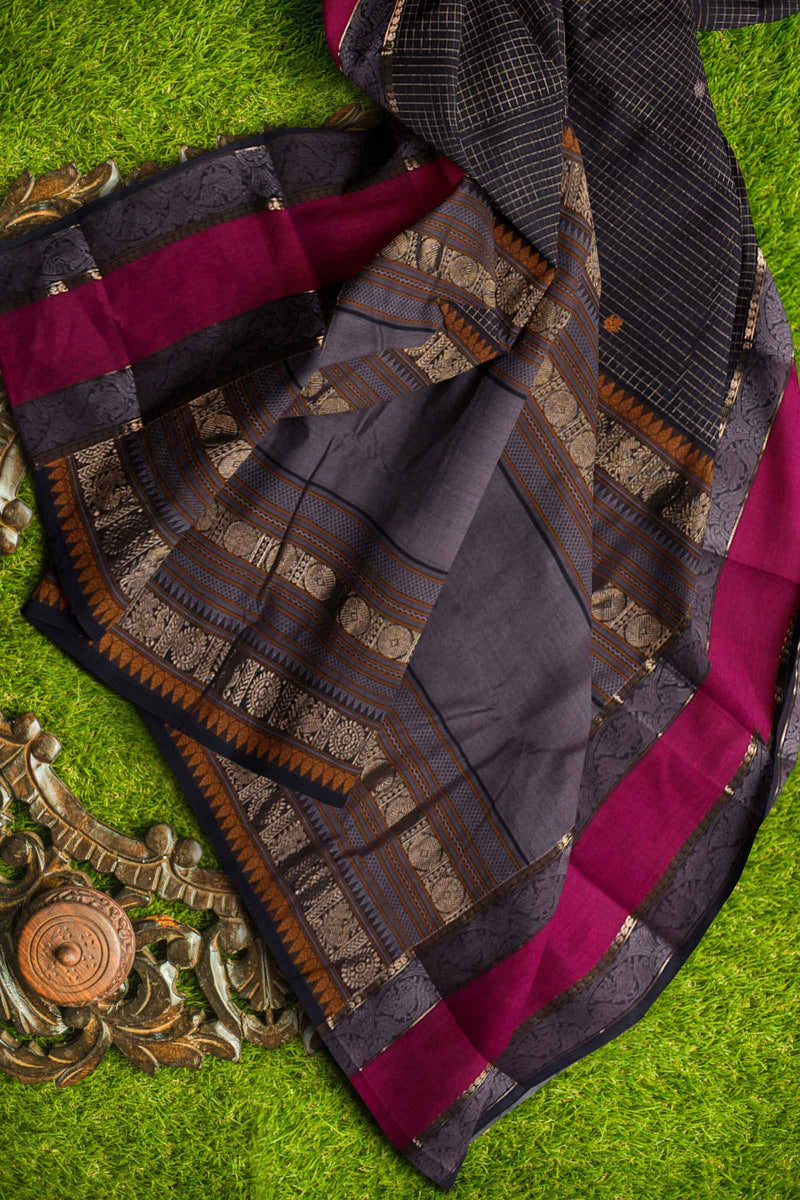 Black Kanjivaram Pure Cotton Handloom Zari Checks Rettai Pet Border Saree