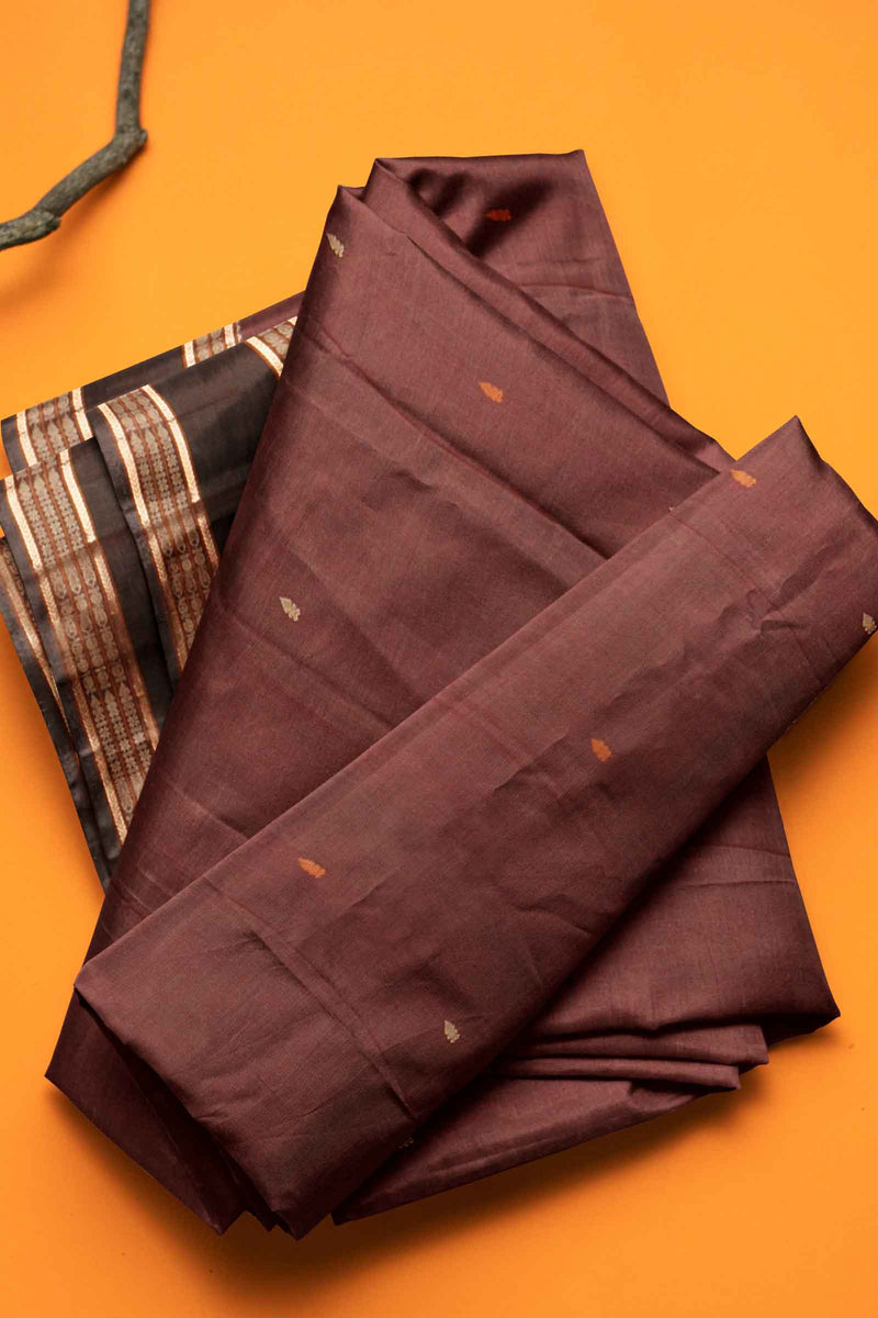 Brown Kanjivaram Pure Cotton Handloom Fish Pet Border Saree