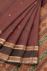 Brown Kanjivaram Pure Cotton Handloom Fish Pet Border Saree