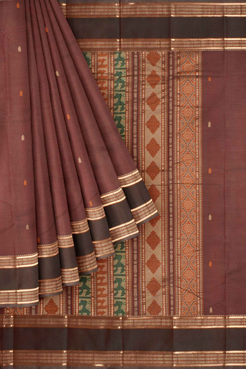 Brown Kanjivaram Pure Cotton Handloom Fish Pet Border Saree