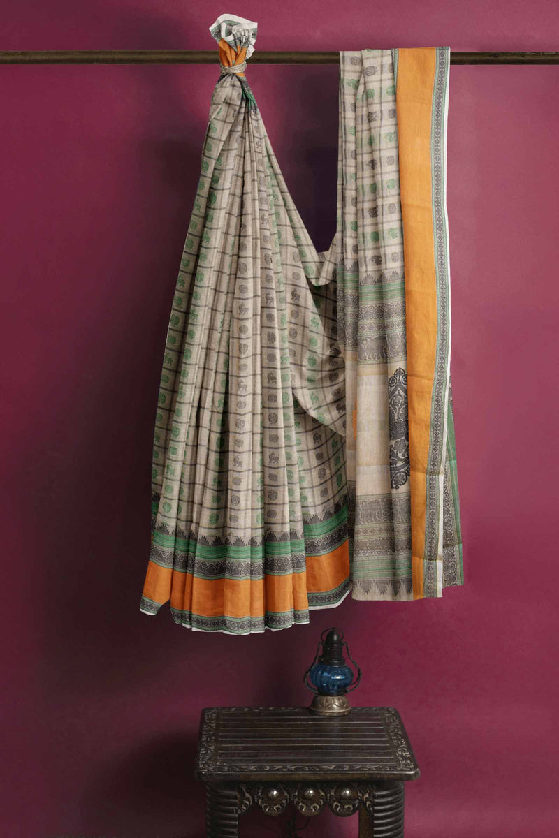 Off White Kanjivaram Pure Cotton Handloom 1000 Butta Style Saree