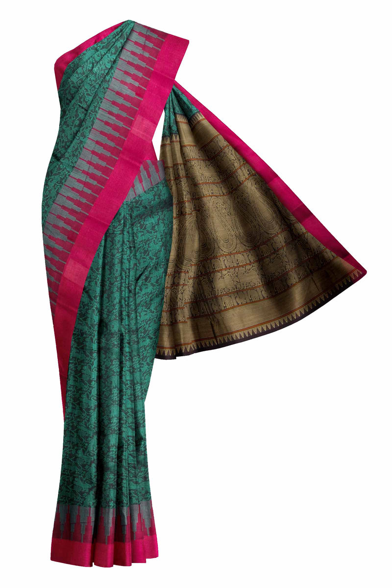 Green Kanjivaram Pure Cotton Handloom Contrast Temple Border Vanasingaram Style Sareee