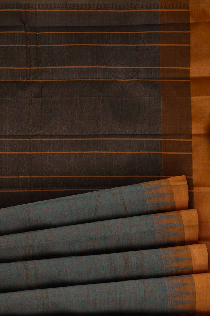 Grey with Blue Kanjivaram Pure Cotton Handloom Temple Border Vanasingaram Style Saree