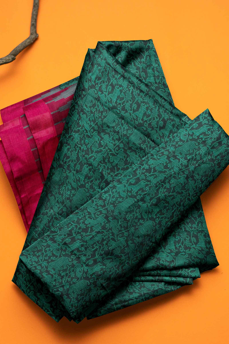 Green Kanjivaram Pure Cotton Handloom Contrast Temple Border Vanasingaram Style Sareee