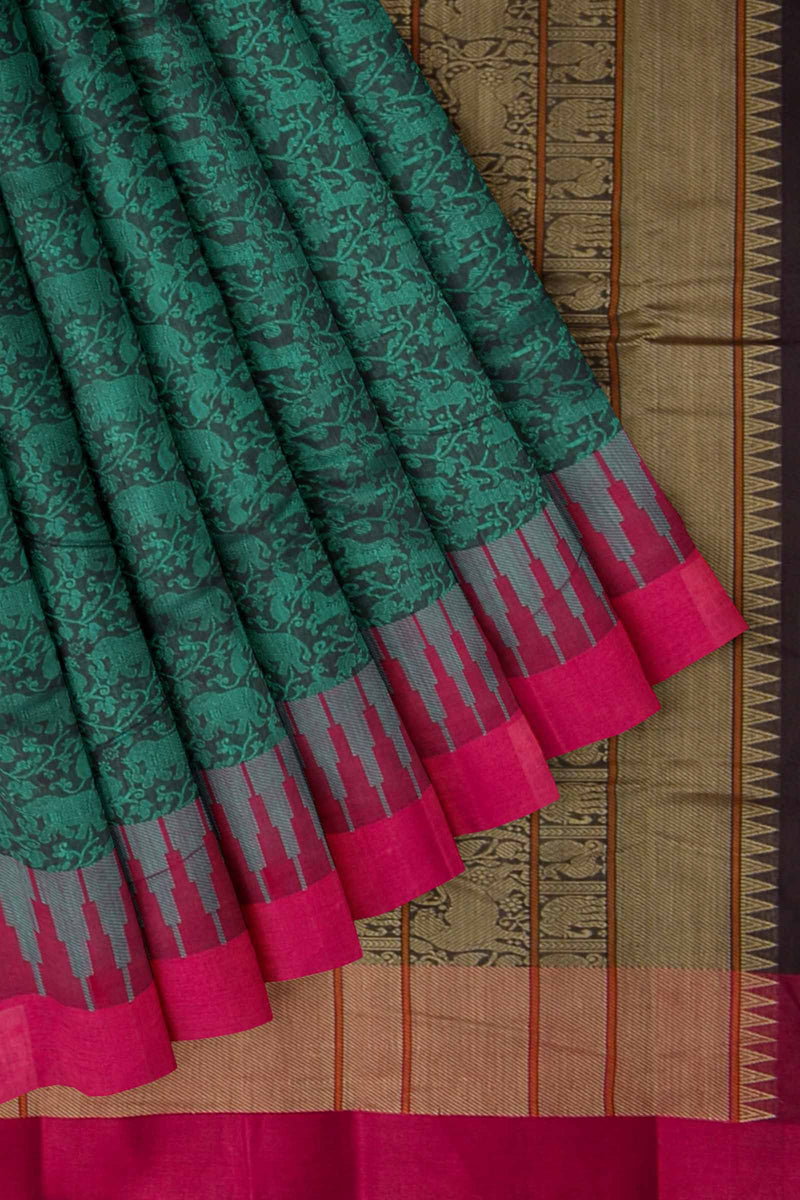 Green Kanjivaram Pure Cotton Handloom Contrast Temple Border Vanasingaram Style Sareee