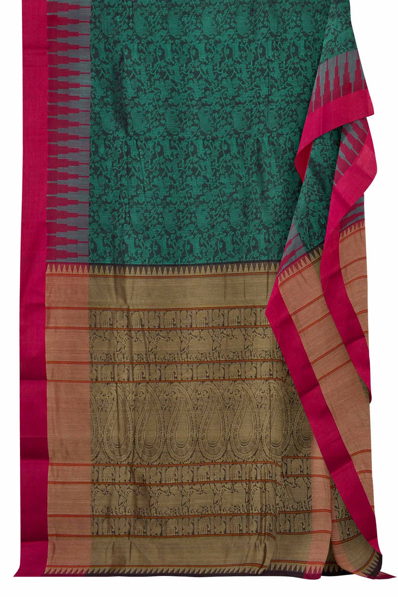 Green Kanjivaram Pure Cotton Handloom Contrast Temple Border Vanasingaram Style Sareee