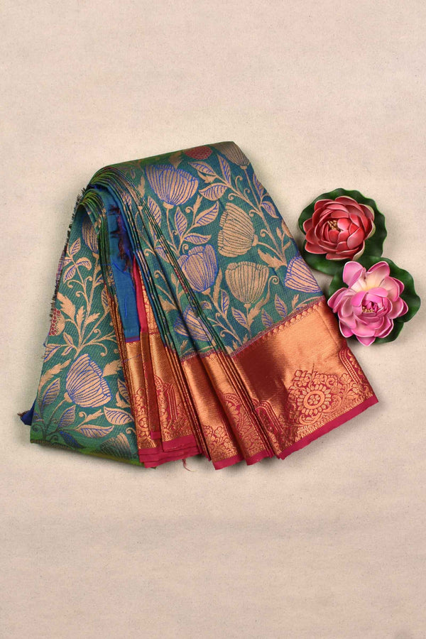 Ramar Green Semi Silk Floral Garden Contrast Blouse Saree