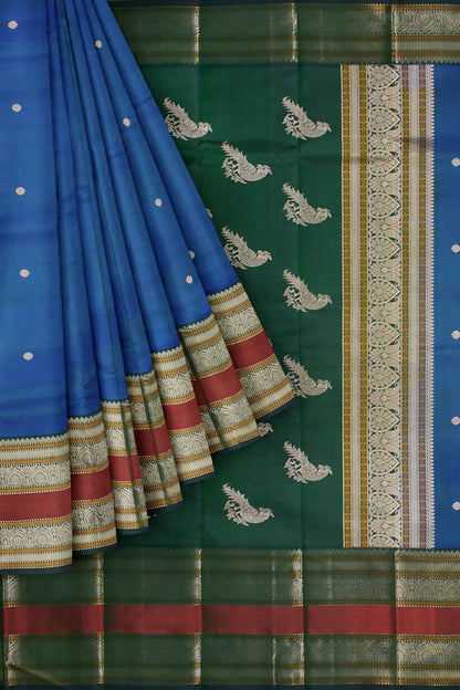 Blue Kanjivaram Pure Silk Big Border Contrast Parrot Pallu Saree