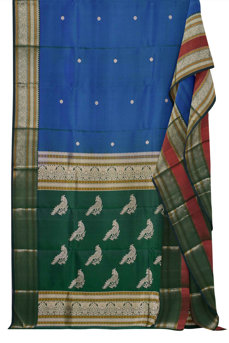 Blue Kanjivaram Pure Silk Big Border Contrast Parrot Pallu Saree