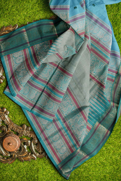 Blue Kanjivaram Pure Silk Small Butta Mayil Chakram Border Saree