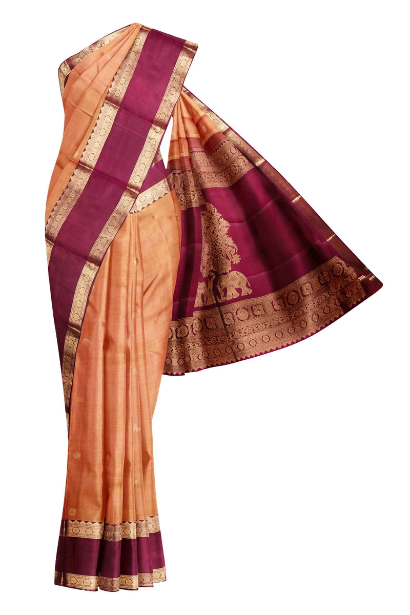 Light Orange Kanjivaram Pure Silk Rettai Pet Border Tree of Life Pallu Saree