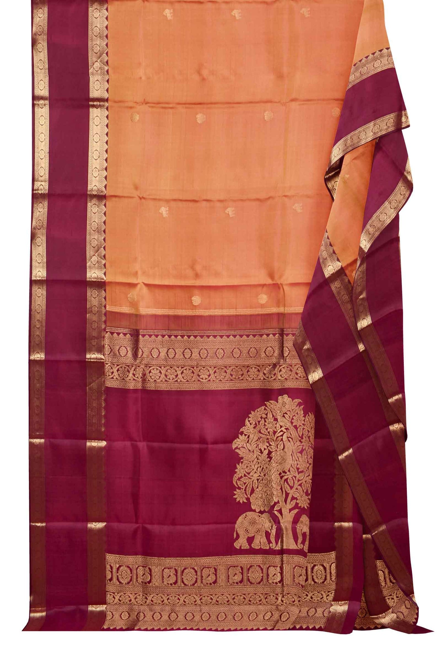 Light Orange Kanjivaram Pure Silk Rettai Pet Border Tree of Life Pallu Saree