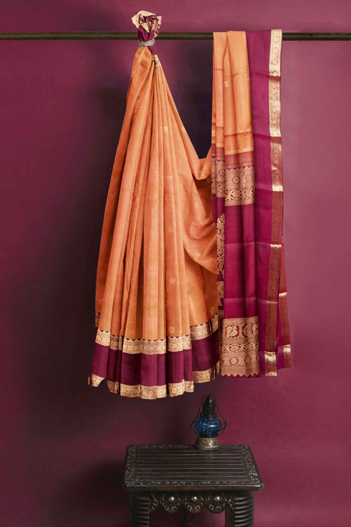 Light Orange Kanjivaram Pure Silk Rettai Pet Border Tree of Life Pallu Saree