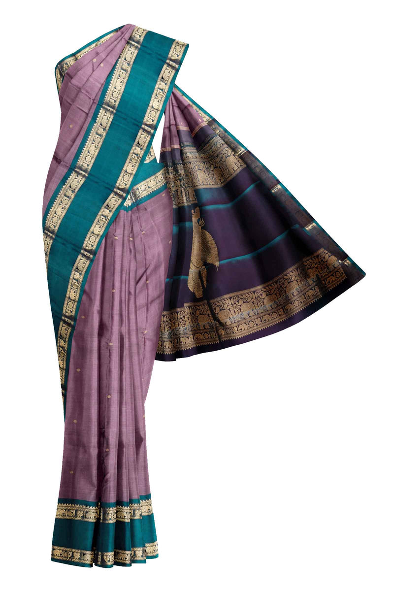 Light Violet Kanjivaram Pure Silk Contrast Rettai Pet Border Peacock Pallu Saree