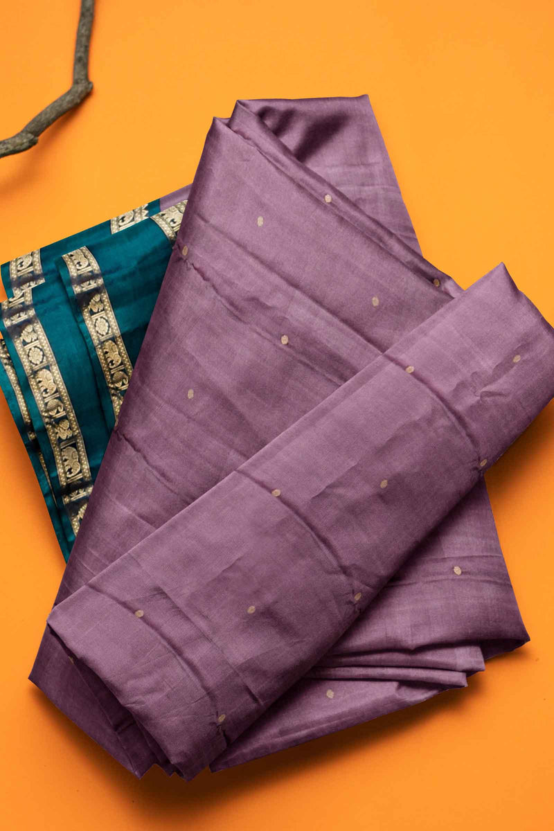 Light Violet Kanjivaram Pure Silk Contrast Rettai Pet Border Peacock Pallu Saree