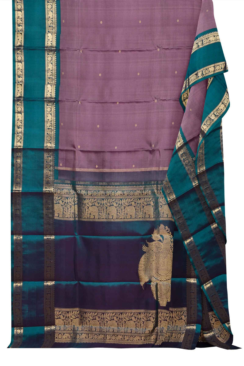 Light Violet Kanjivaram Pure Silk Contrast Rettai Pet Border Peacock Pallu Saree