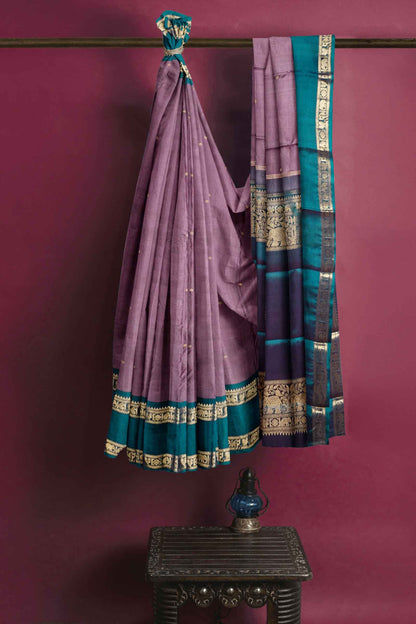 Light Violet Kanjivaram Pure Silk Contrast Rettai Pet Border Peacock Pallu Saree