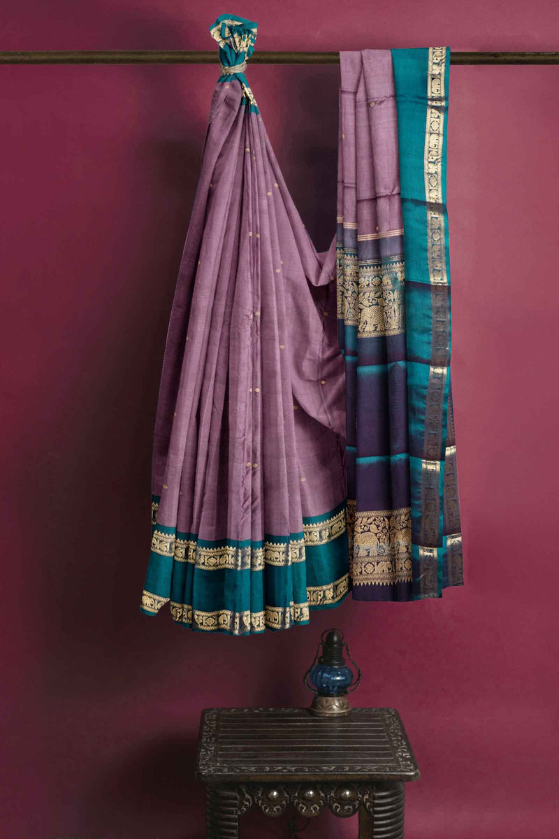 Light Violet Kanjivaram Pure Silk Contrast Rettai Pet Border Peacock Pallu Saree