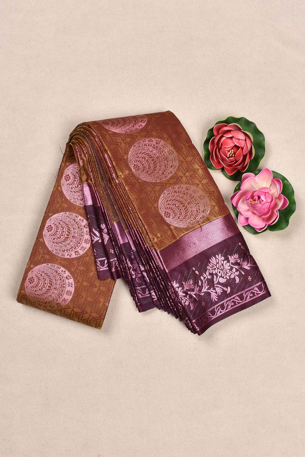 Greenish Brown Semi Silk with Korvai Butta Contrast Violet Border Saree