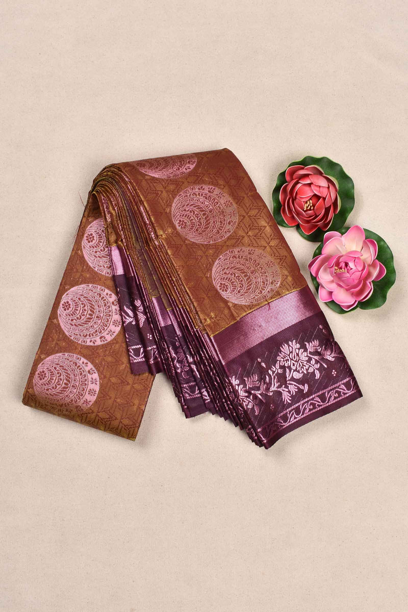 Greenish Brown Semi Silk with Korvai Butta Contrast Violet Border Saree