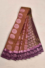 Greenish Brown Semi Silk with Korvai Butta Contrast Violet Border Saree