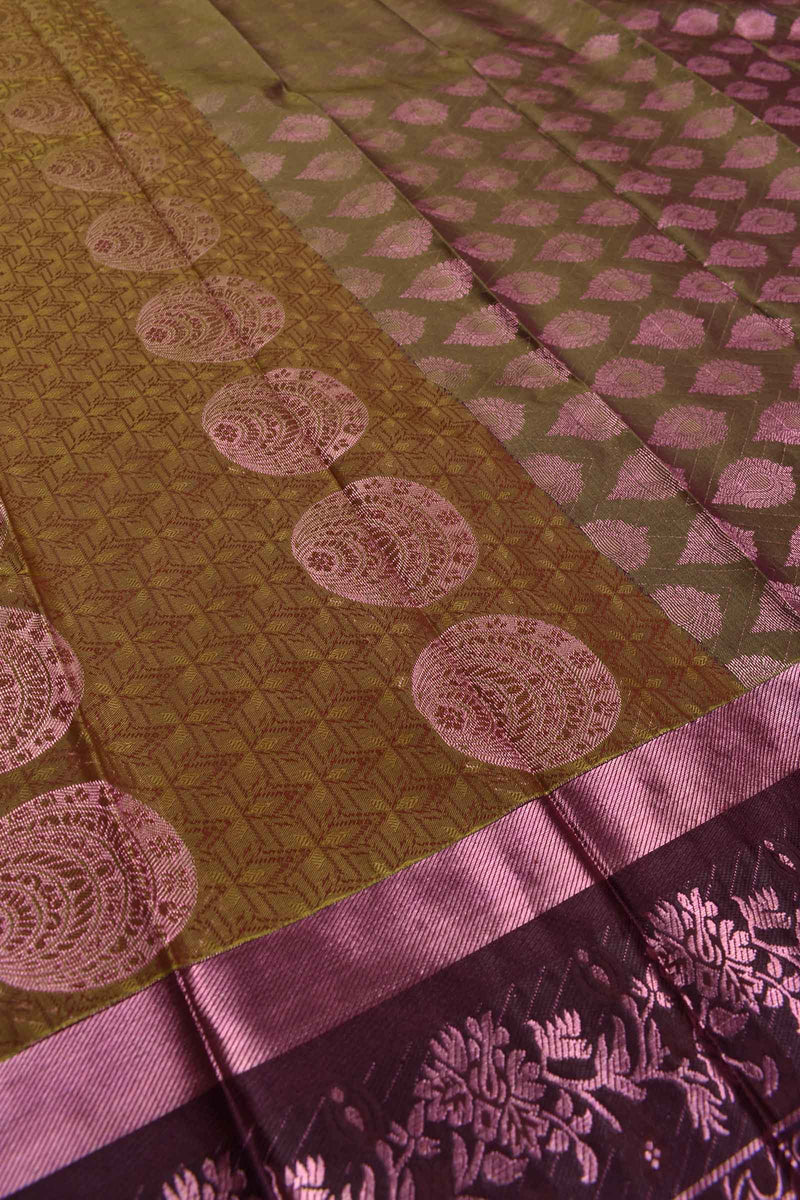 Greenish Brown Semi Silk with Korvai Butta Contrast Violet Border Saree