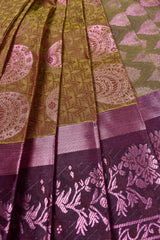 Greenish Brown Semi Silk with Korvai Butta Contrast Violet Border Saree