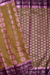 Greenish Brown Semi Silk with Korvai Butta Contrast Violet Border Saree