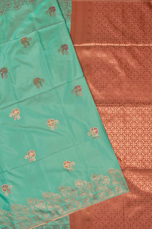 Green Semi Soft Silk Fancy Flower Butta Orange Contrast Pallu Saree