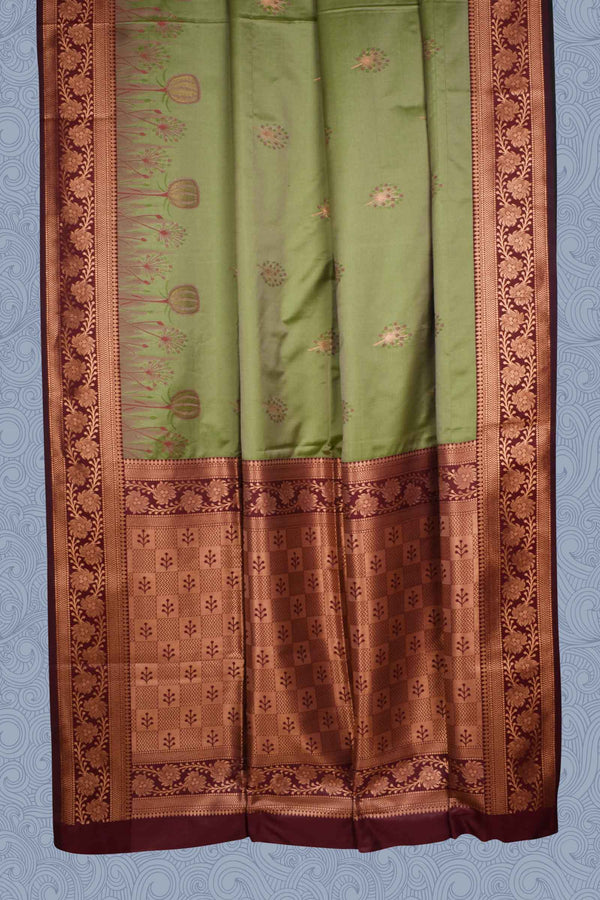 Light Green Semi Soft Silk Fancy Dandelion Butta Contrast Brown Gold Pallu Saree