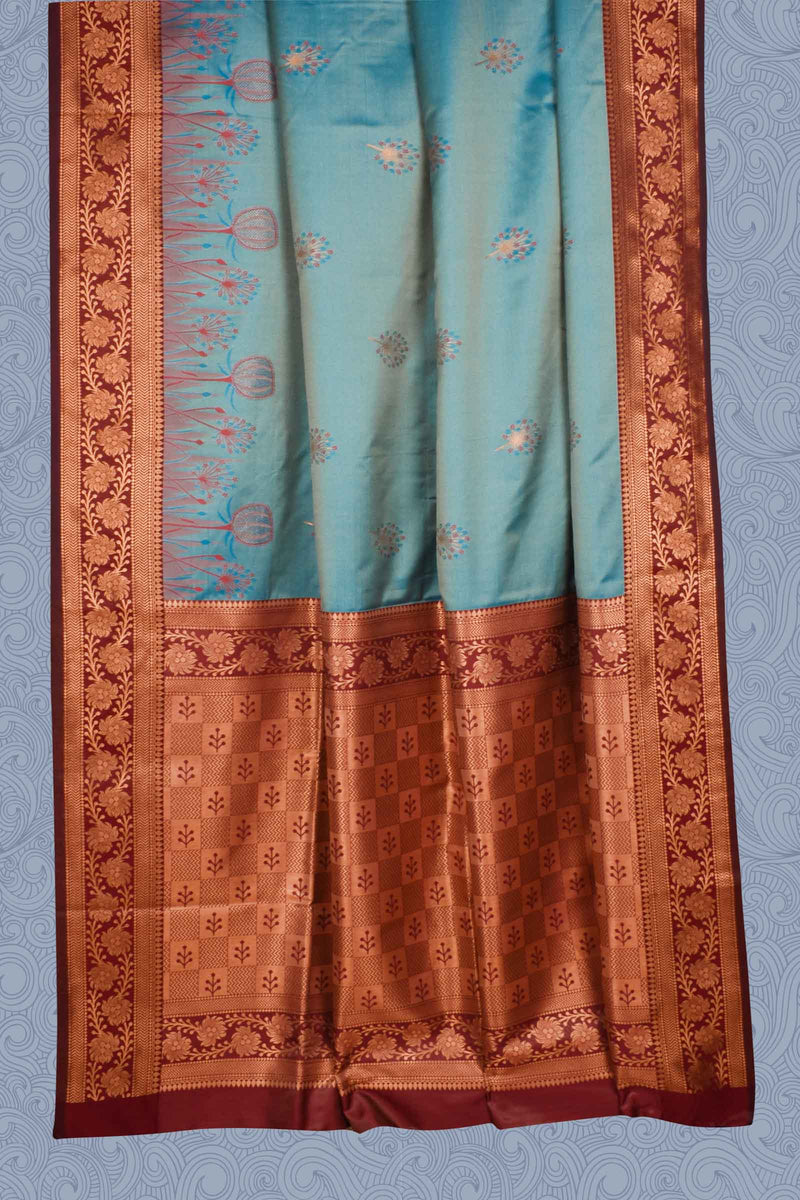 Blue Semi Soft Silk Fancy Dandelion Butta Contrast Pallu Saree