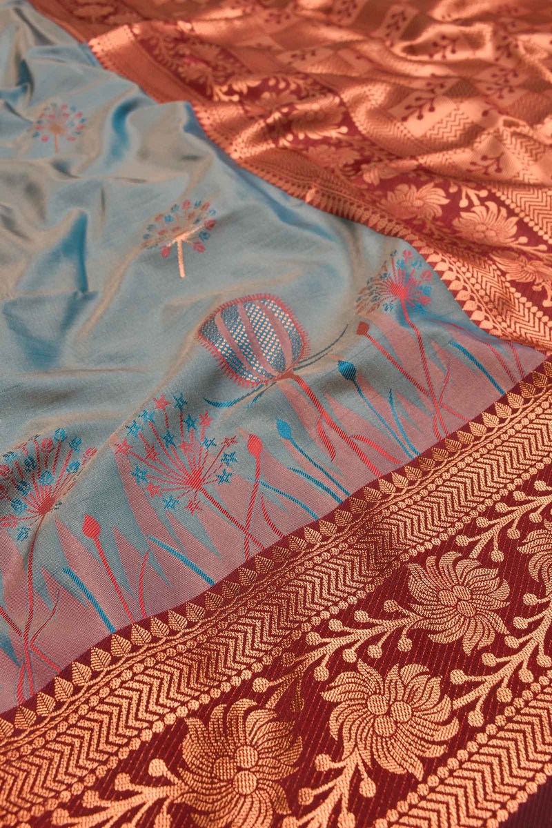 Blue Semi Soft Silk Fancy Dandelion Butta Contrast Pallu Saree