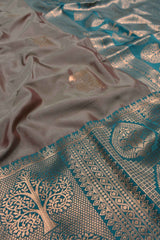 Grey Semi Soft Silk Peacock Umbrella Butta Contrast Pallu Saree