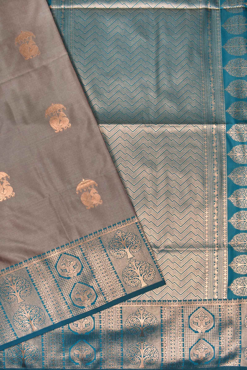 Grey Semi Soft Silk Peacock Umbrella Butta Contrast Pallu Saree