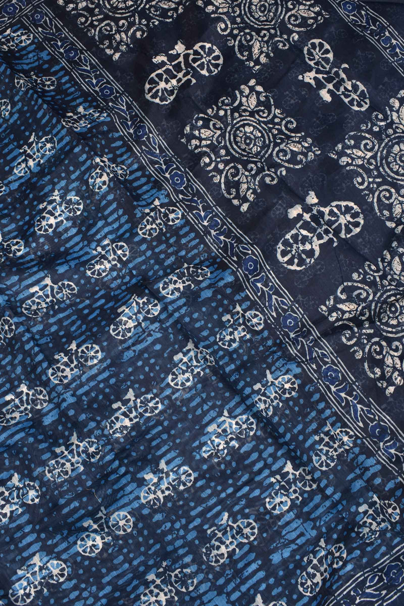 Indigo Blue Semi Chanderi Cycle Printed Saree