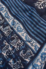 Indigo Blue Semi Chanderi Spotted Deer Printed Saree