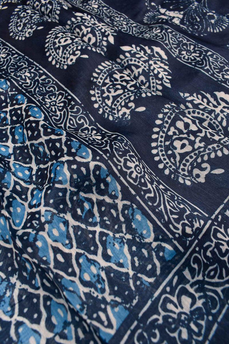 Indigo Blue Semi Chanderi Printed Saree