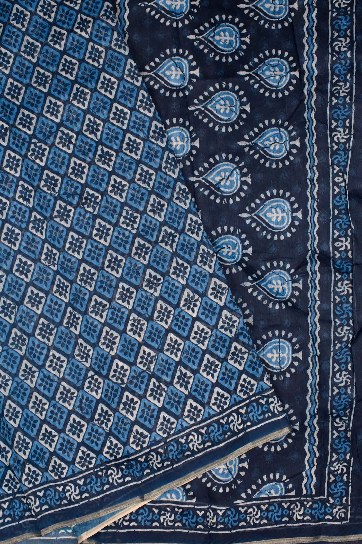 Indigo Blue Semi Chanderi Printed Mosaic Saree