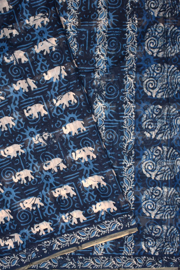 Indigo Blue Semi Chanderi Elephant Printed Saree