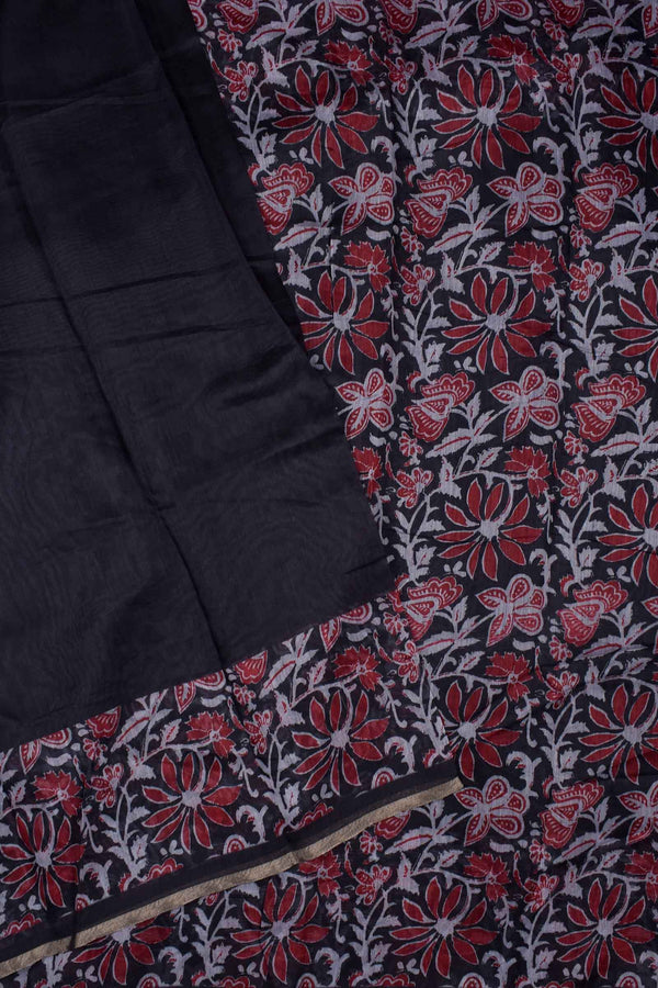 Black Semi Chanderi Floral Pallu Printed Saree