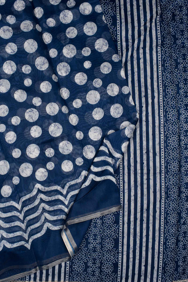 Blue White  Semi Chanderi Polka Dots Printed Saree