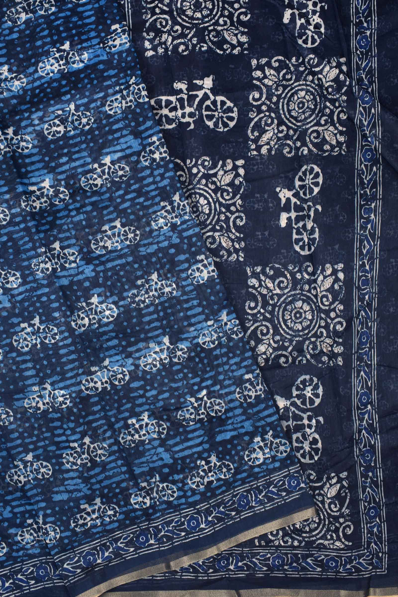 Indigo Blue Semi Chanderi Cycle Printed Saree