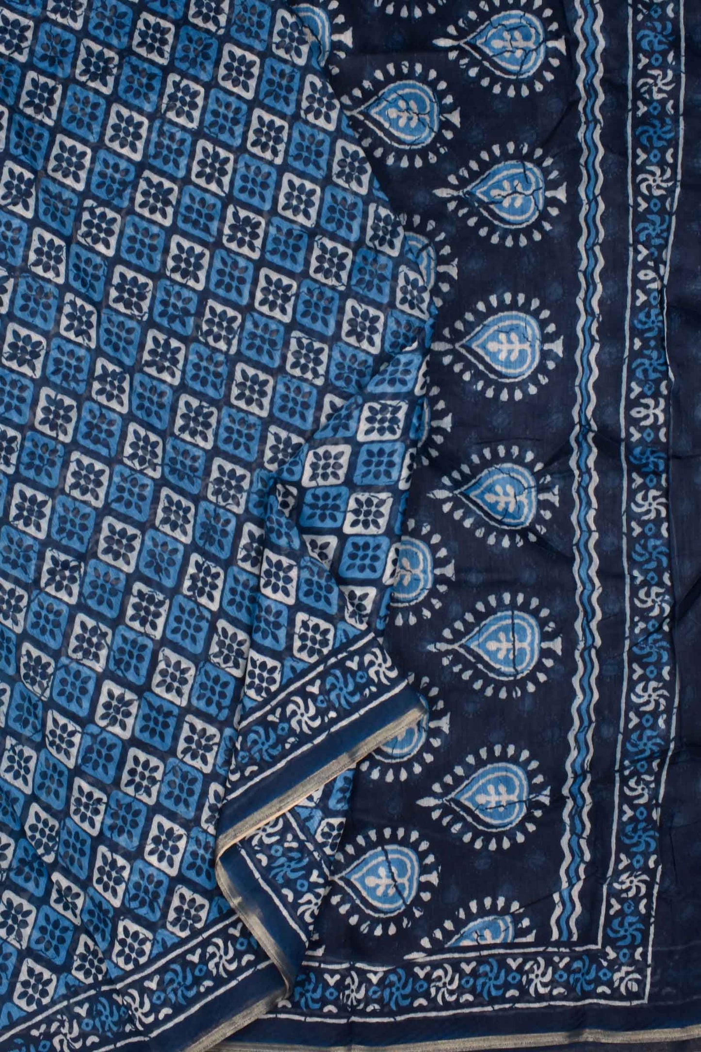 Indigo Blue Semi Chanderi Printed Mosaic Saree